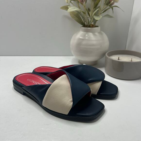 Vionic Poppy Miramar Leather Colorblock Slide Sandal Navy/Cream Women's 6M NWOB - Picture 1 of 9